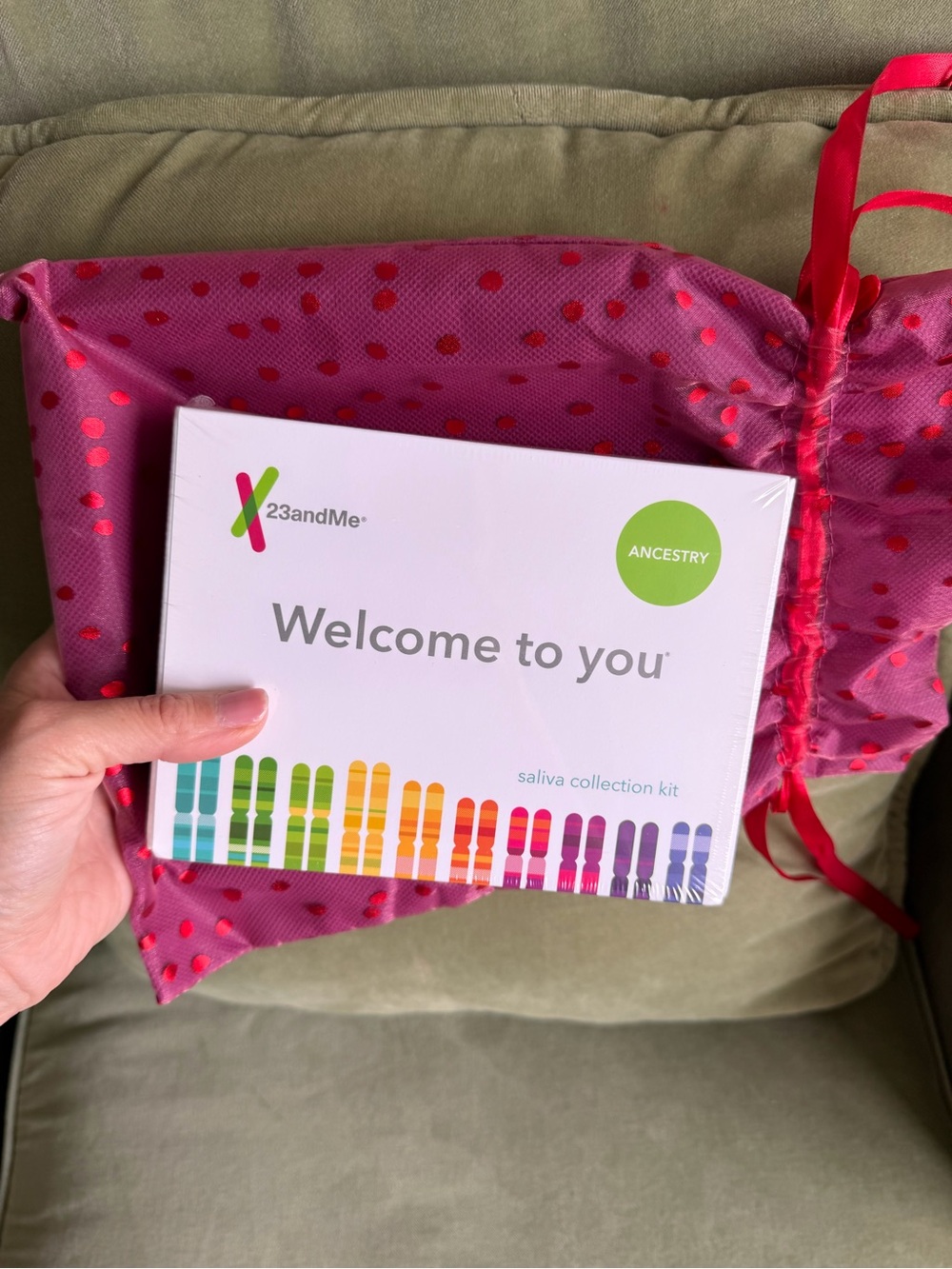 🗽 23andMe Ancestry Saliva Collection Kit with Pink Polka Dot Drawstring Bag